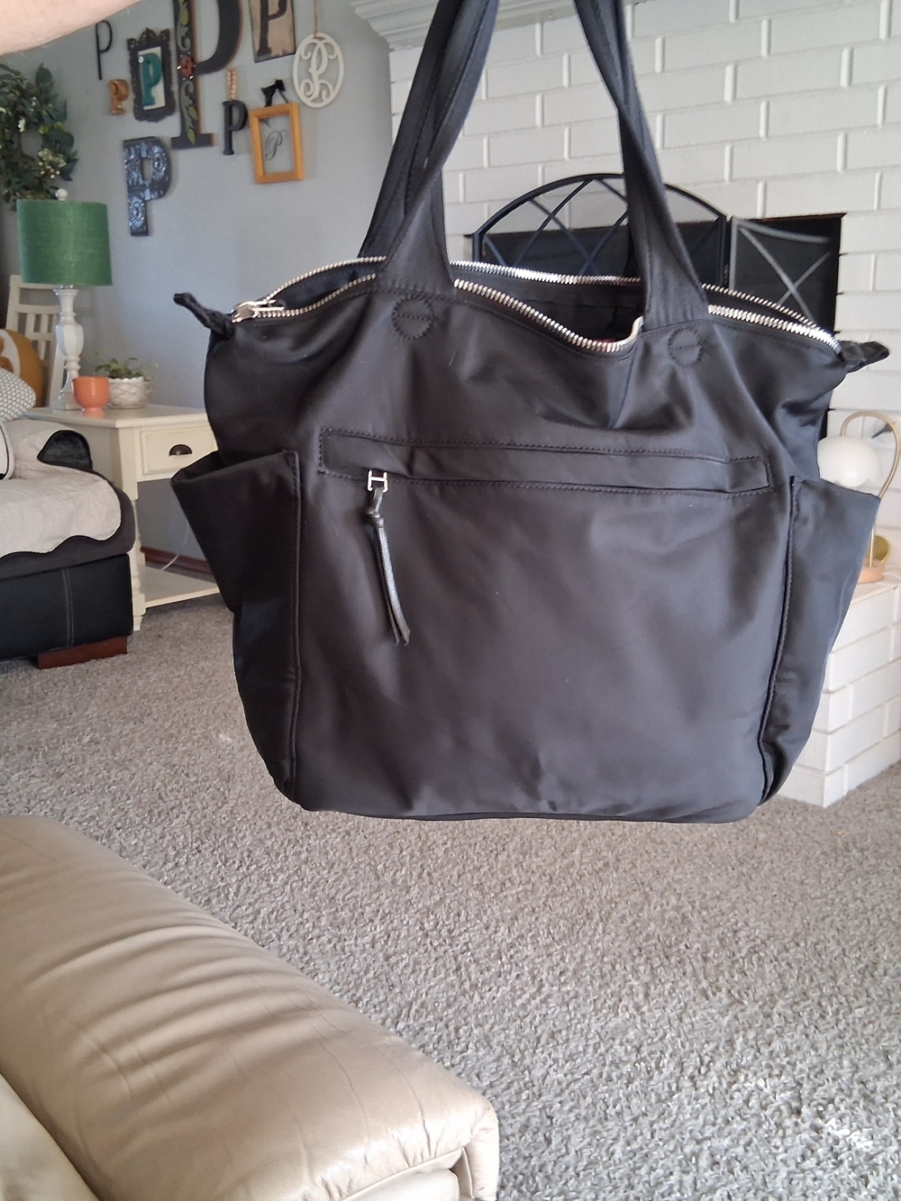 Everyday Black Nylon Tote with Front Zip Pocket - Picture 2 of 6